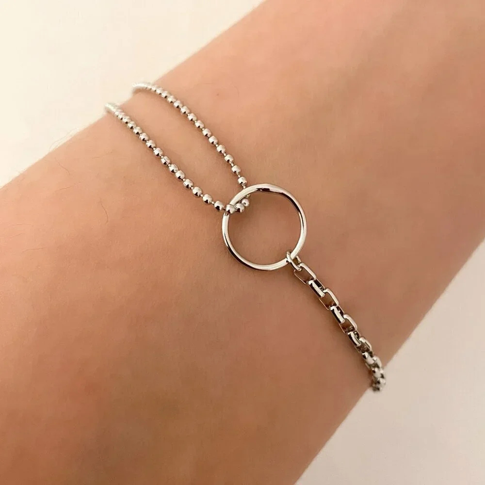 925 Sterling Silver Dainty Circle Bracelet Minimalist Asymmetric Chain Bracelet